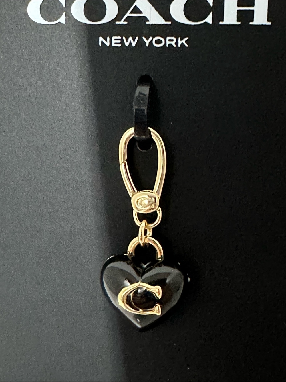 COACH Black Heart Charm Keyring with Gold Hardware NWT